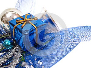 Blue Christmas decoration, box with handbell and balls