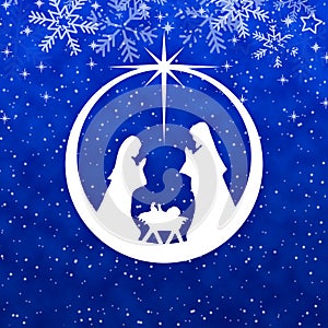 Blue Christmas decoration with Nativity scene in a ball. Greeting card background.