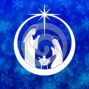 Blue Christmas decoration with Nativity scene in a ball. Greeting card background.
