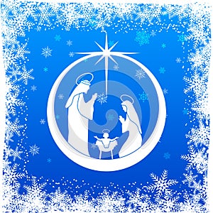 Blue Christmas decoration with Nativity scene in a ball. Greeting card background.