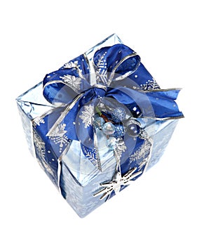 Blue Christmas Gift Box with Ribbon and Ornament