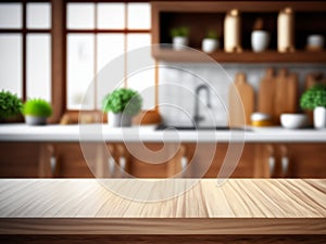 Wooden table on blurred kitchen bench background.