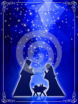 Blue Christmas greeting card background with Nativity Scene