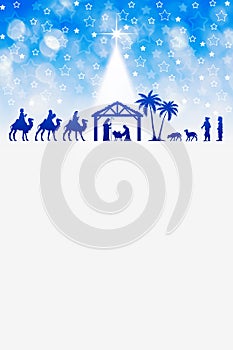 Blue Christmas greeting card background with Nativity Scene