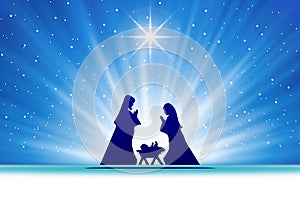 Blue Christmas greeting card banner background with Nativity Scene
