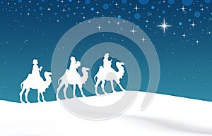 Blue Christmas greeting card banner background with Three Wise Men in the desert.