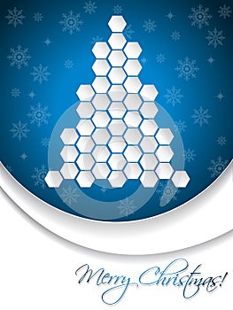 Blue christmas greeting card design with hexagon tree