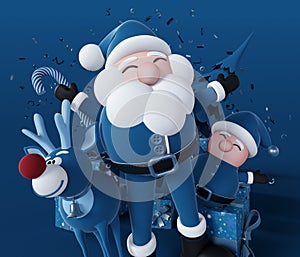 Blue Christmas greeting card design. Santa Claus with Reindeer and Elf dressed in blue on blue background.