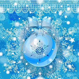 Blue Christmas greeting card with hanging glass ball