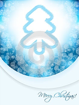 Blue christmas greeting card with scribbled tree and bubble back