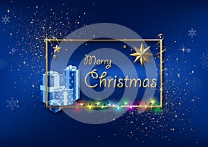 Blue Christmas Greeting with Gold Frame and Glitters