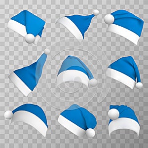 Blue christmas hats realistic vector illustrations set