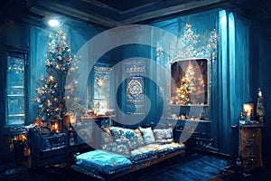 Blue Christmas interior. Living room with blue walls, blue sofa and gold and blue Christmas decorations on Christmas tree.