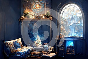 Blue Christmas interior. Living room with blue walls, blue sofa and gold and blue Christmas decorations on Christmas tree.