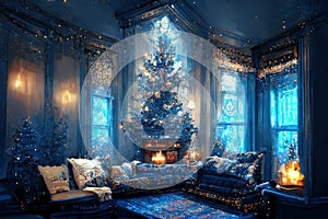 Blue Christmas interior. Living room with blue walls, blue sofa and gold and blue Christmas decorations on Christmas tree.