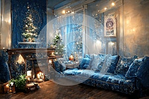 Blue Christmas interior. Living room with blue walls, blue sofa and gold and blue Christmas decorations on Christmas tree.