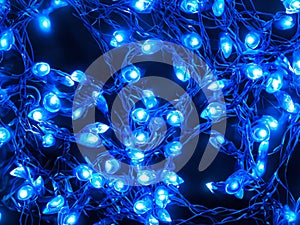 blue christmas lights on dark background