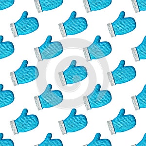 Blue Christmas mittens with thumb up on a white background. Seamless pattern for textiles, clothing, packaging