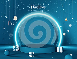 Blue Christmas mockup stage with empty platform for product presentation. Christmas banner with decoration on blue background.