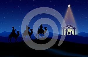 Blue Christmas Nativity scene. Greeting card background.