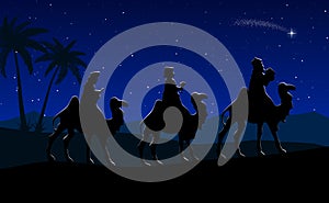 Blue Christmas nativity scene: Three Wise Men travel to the desert at night.