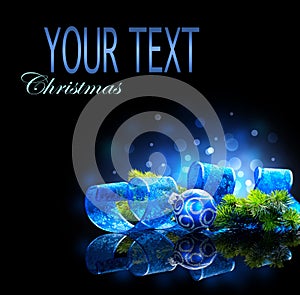 Blue Christmas and New Year decoration isolated on black background