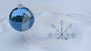 Blue christmas ornament with snowflake on white snow background.