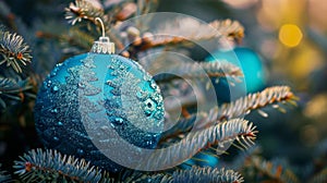 Blue christmas ornament on tree