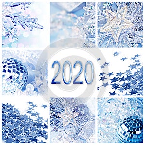 2020, blue christmas ornaments collage square new year and holiday card