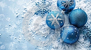 Blue Christmas Ornaments on Snowy Background, Generative AI photo