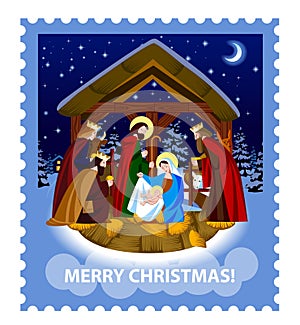 Blue Christmas postage stamp with scene of the Nativity of Christ and the Adoration of the Magi in a night winter forest