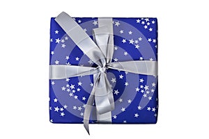 Blue christmas present with silver stars