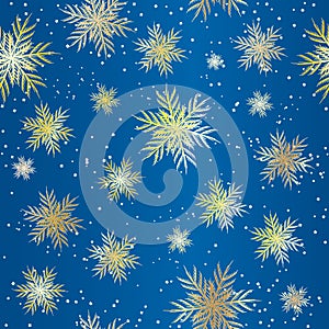 Blue Christmas seamless pattern with Golden snowflakes. Christmas and New Year background. Vector