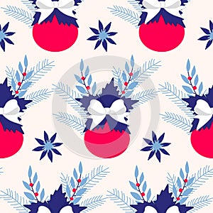 Blue christmas seamless pattern with pink decoration and flowers
