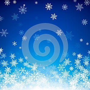 Blue Christmas snowflakes background. Falling white snowflakes on blue background. Vector illustration