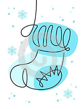 Blue Christmas sock. Continuous one line drawing Christmas gift stocking by one line. Simple modern symbol for Winter