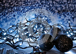 Blue christmas still life with light chain stock images