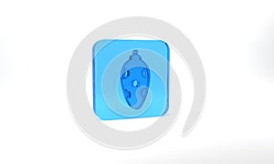 Blue Christmas toy icon isolated on grey background. Merry Christmas and Happy New Year. Glass square button. 3d