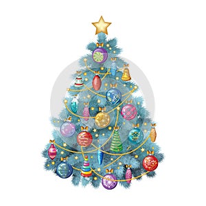 Blue Christmas tree with colorful ornaments, vector illustration