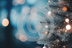 Blue Christmas Tree with Glittering Stars and Bokeh Lights in Abstract Defocused Background