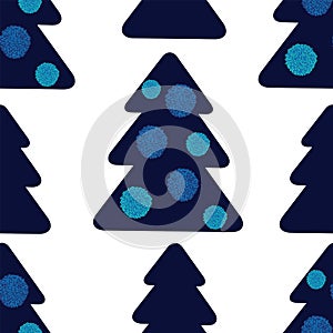 Blue Christmass tree with pompom bobble bowls, vector seamless pattern. Big and small trees on white background