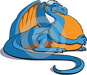 Blue chubby dragon sitting feeling bloated. photo