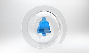 Blue Church bell icon isolated on grey background. Alarm symbol, service bell, handbell sign, notification symbol. Glass