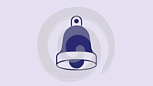 Blue Church bell icon isolated on purple background. Alarm symbol, service bell, handbell sign, notification symbol. 4K