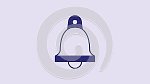 Blue Church bell icon isolated on purple background. Alarm symbol, service bell, handbell sign, notification symbol. 4K