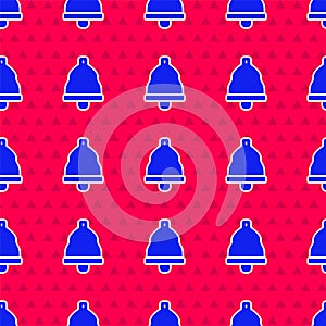 Blue Church bell icon isolated seamless pattern on red background. Alarm symbol, service bell, handbell sign