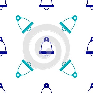 Blue Church bell icon isolated seamless pattern on white background. Alarm symbol, service bell, handbell sign