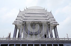 Blue church, is covered in blue and white tiles at Wat Pak Nam Khaem Nu, Chathaburi, Thailand