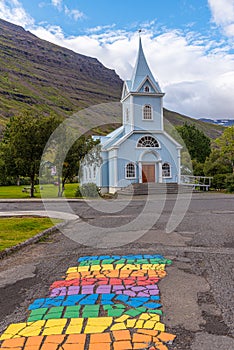 Blue church at Seydisfjordur on Iceland