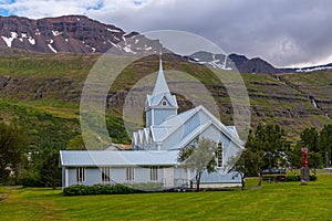 Blue church at Seydisfjordur on Iceland